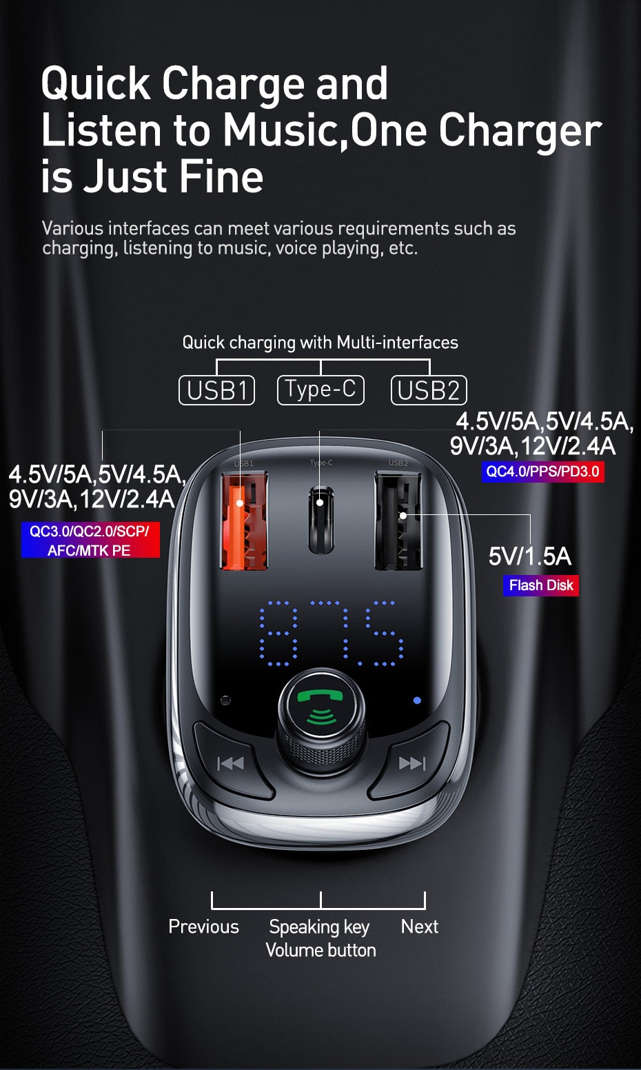 Transmetteur FM Bluetooth Voiture Charge Rapide PD3.0 - Kit Main Libre MP3
